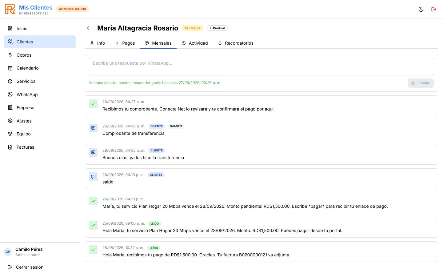Conversación de WhatsApp en la ficha del cliente, con la ventana de 24 horas abierta