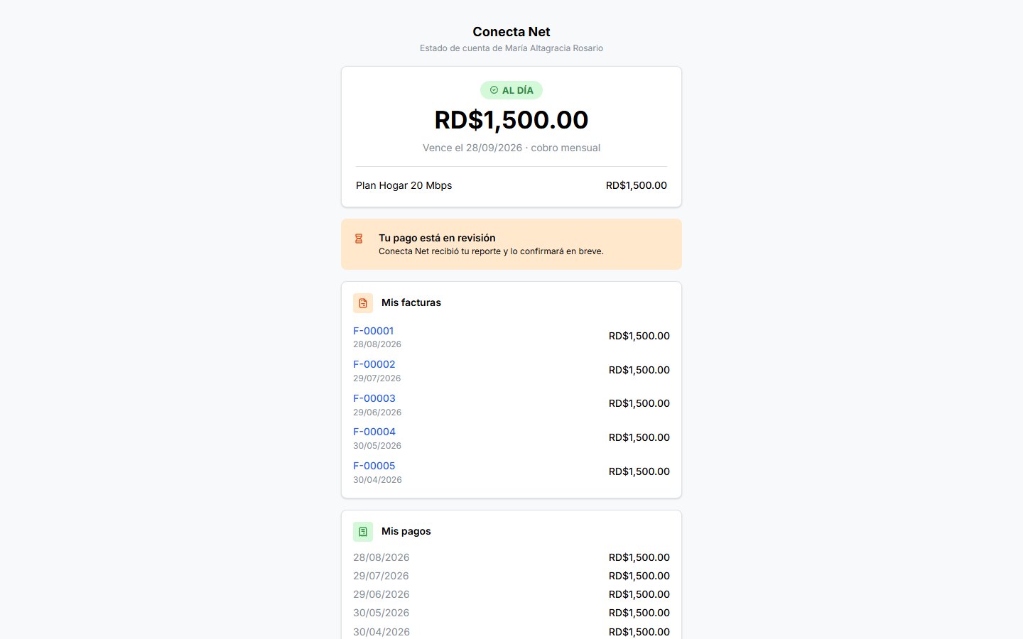 Portal del cliente con su estado de cuenta, facturas y pagos