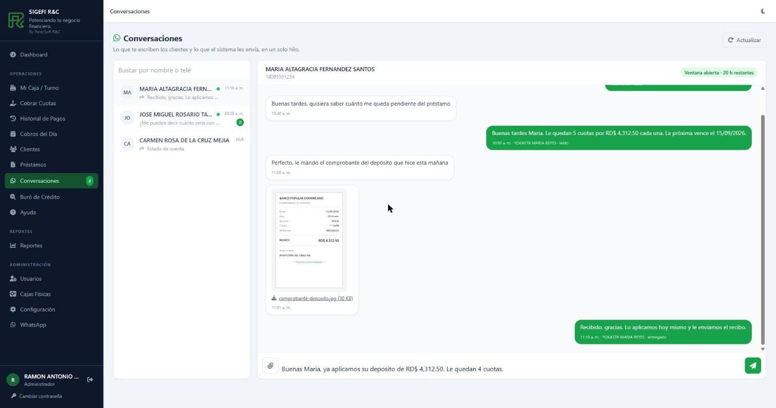 Conversación por WhatsApp con un cliente dentro de SIGEFI R&C