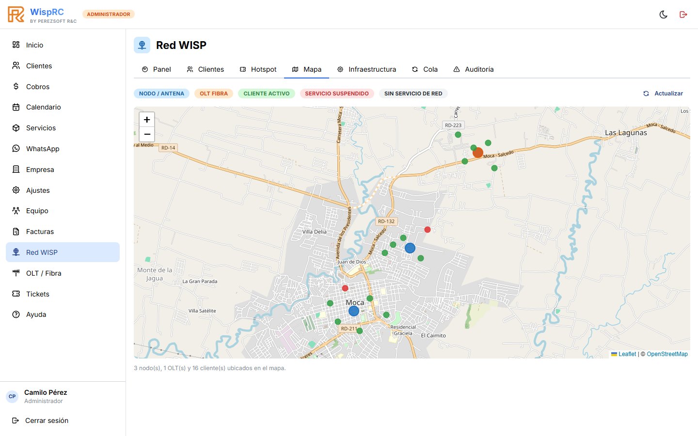Mapa de la red: torres, OLT de fibra y clientes activos o suspendidos