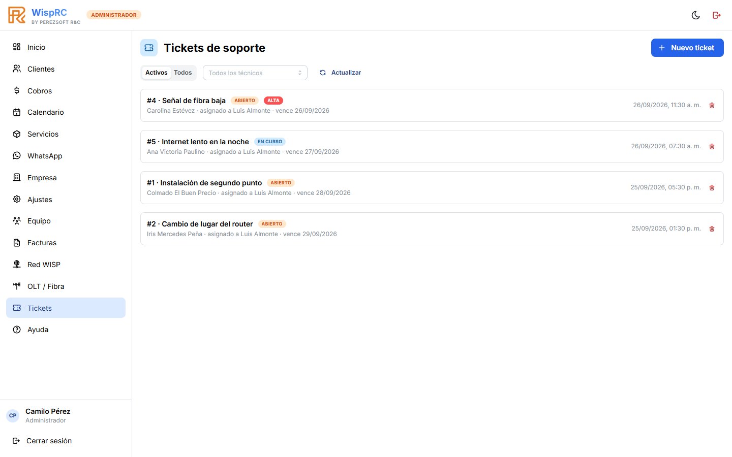 Tickets de soporte con prioridad, técnico asignado y fecha límite